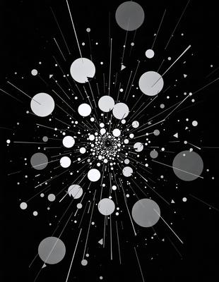 The primary subject of the image is a black and white photo of a cluster of white circles. The setting is a black background, and the visual style is a close-up of the circles. The dominant colors are black and white, and the overall atmosphere is a mix of simplicity and complexity, as the circles are arranged in a visually engaging pattern.